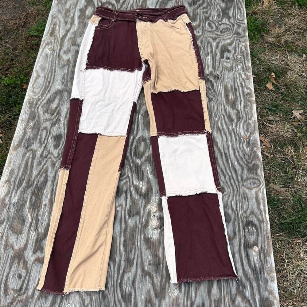 Brown patchwork pants blush mark size small fall winter BoHo aesthetic grunge
